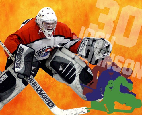 a composite image done in photoshop of a goalie.